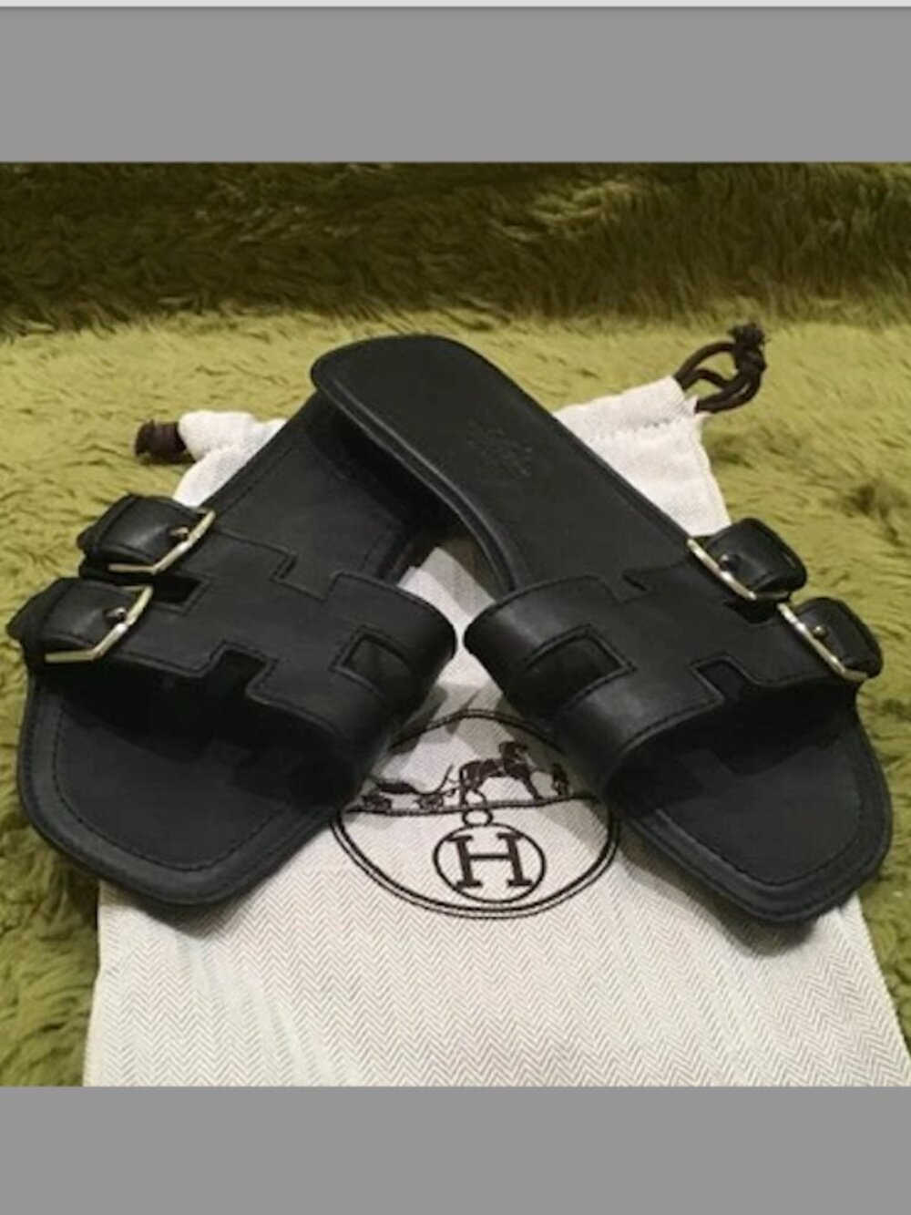New Hermès Flat Leather Sandals with Side Buckle Black SZ 36EU